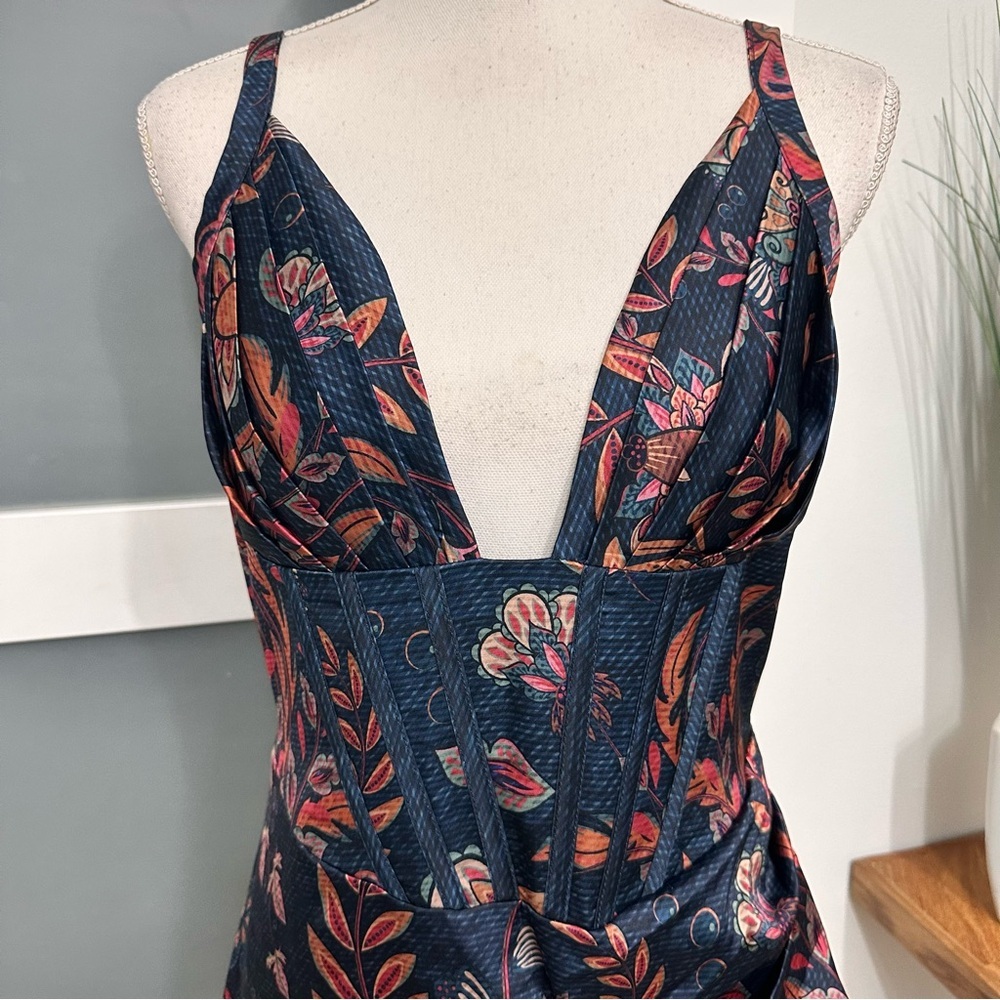 Averie Halley Draped Floral Midi Dress Cobalt Blue SZ XL Wedding Guest Chic NWT - Picture 2 of 9